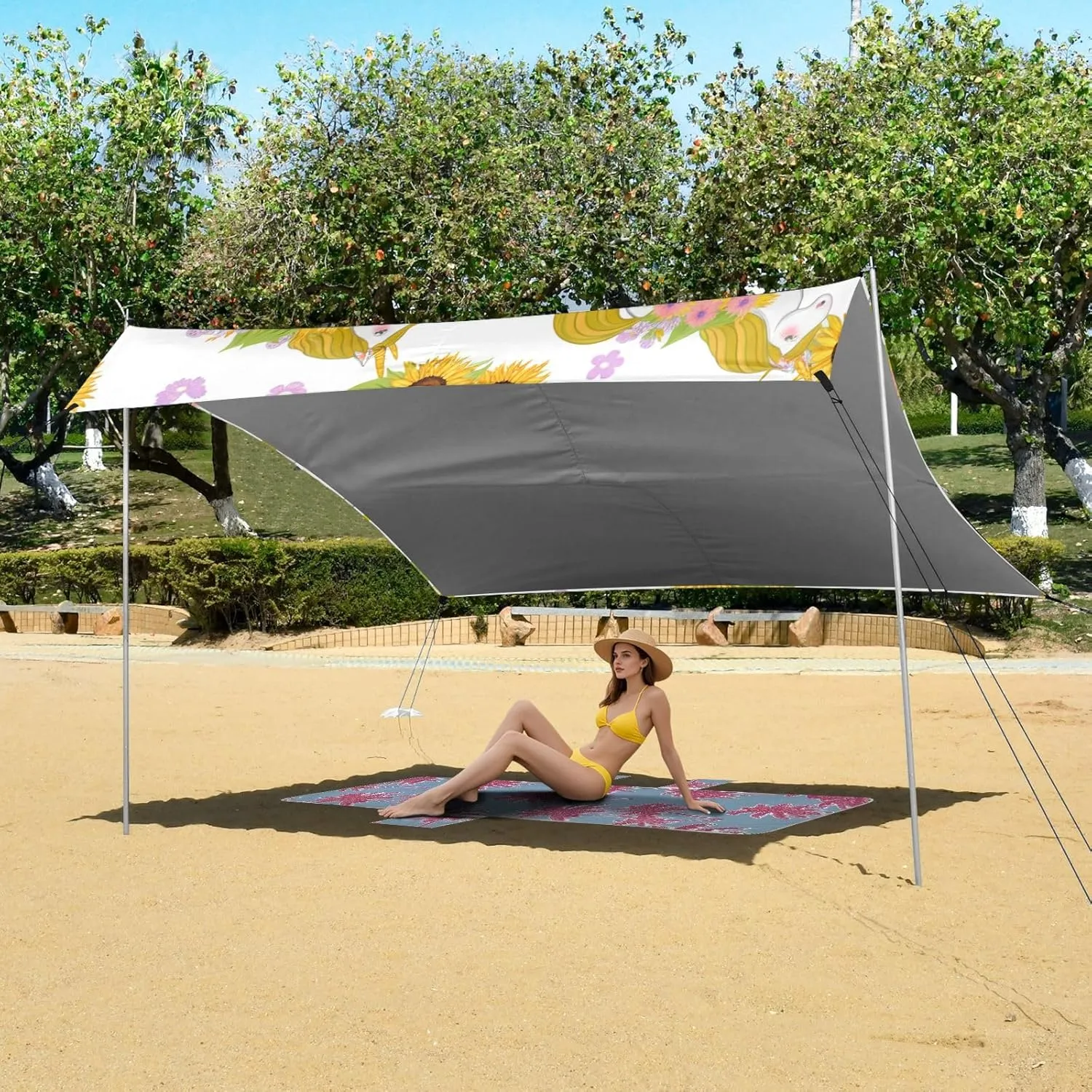Canopy Tent Beach Whimsical Unicorns Sunflowers Outdoor Patio Sun Shade 9.2 × 10.5 FT Print Camping Shelter Backyard Windproof with Poles Sand Anchor