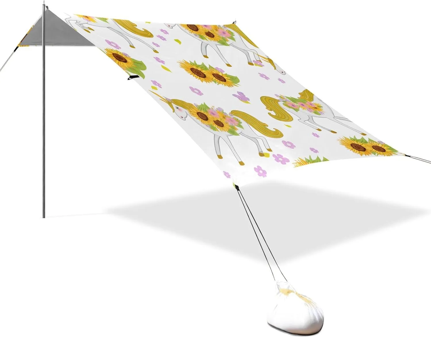 Canopy Tent Beach Whimsical Unicorns Sunflowers Outdoor Patio Sun Shade 9.2 × 10.5 FT Print Camping Shelter Backyard Windproof with Poles Sand Anchor