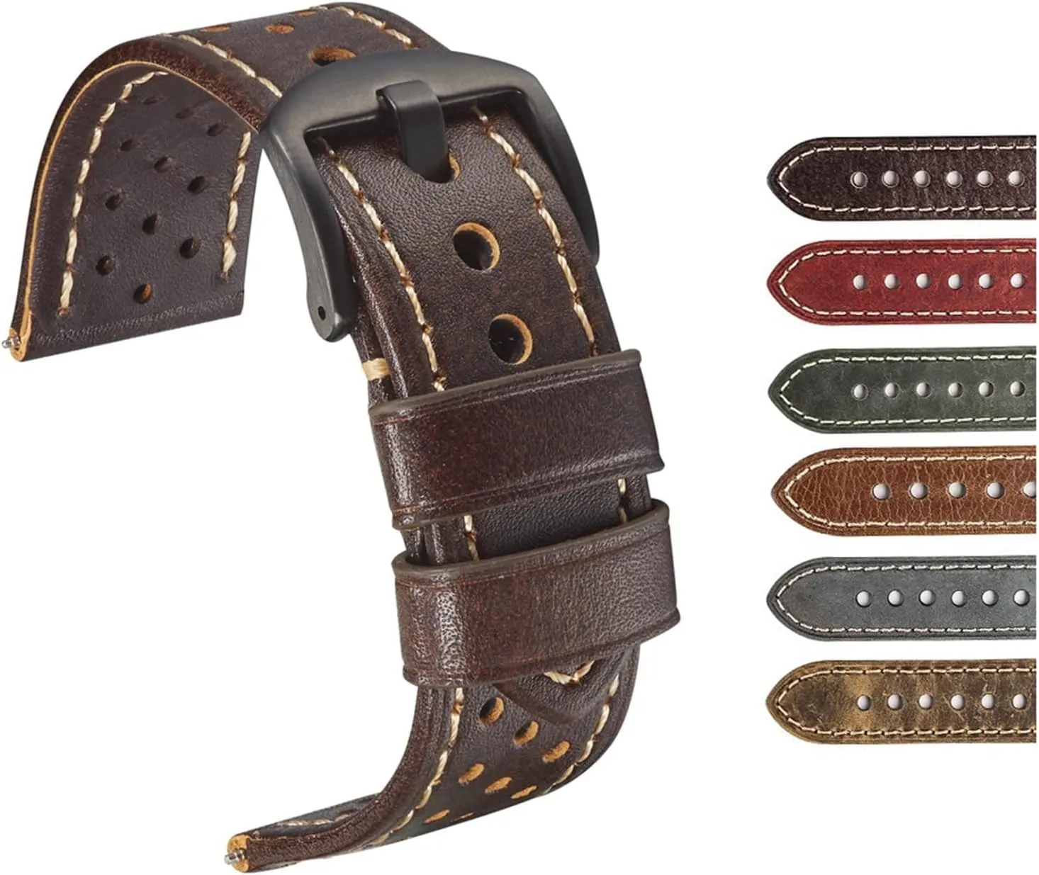 CAREG 23mm Watch Strap Leather Compatible With Men's Vinatge Watch Leather Belt Soft Watch Band Strap Retro Porous Breathable 10 Colors Optional Durable