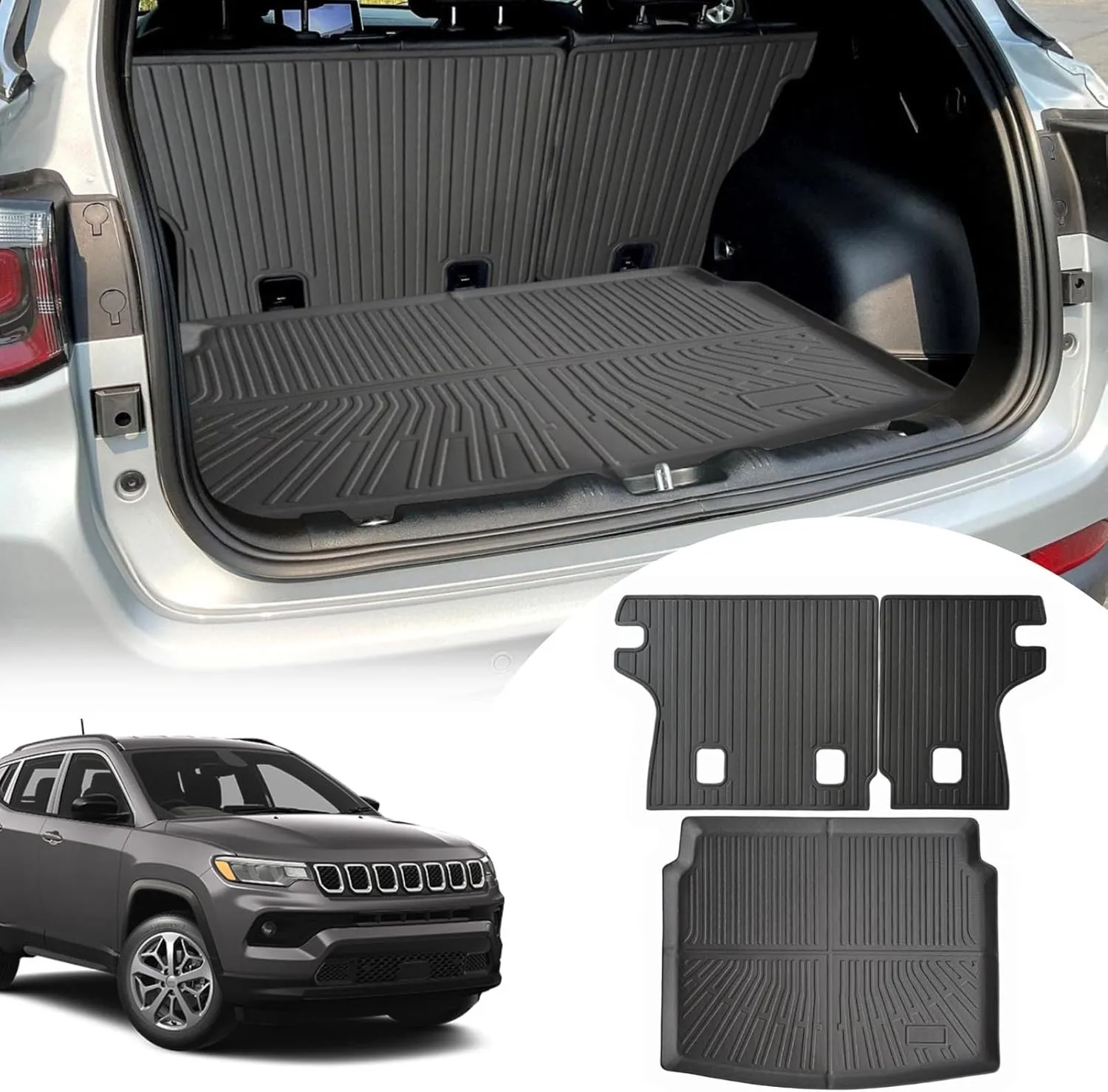 Cargo Liners Backrest Mat for Jeep Compass Accessories 2017-2025 with Hook&Loop Rear Trunk Mat Rear Seat Back Cover Protector All Weather Anti-Slip Split Dog Liner 3 PCS