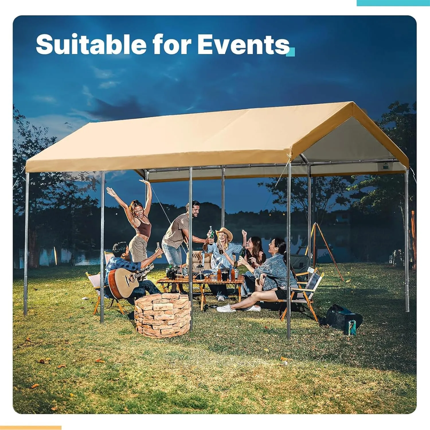 Carport Replacement Canopy Cover for Car Tent Top Garage Shelter Cover Tarp with Ball Bungees (Only Top Cover, Frame Not Include) (Beige 10’ x 20‘)