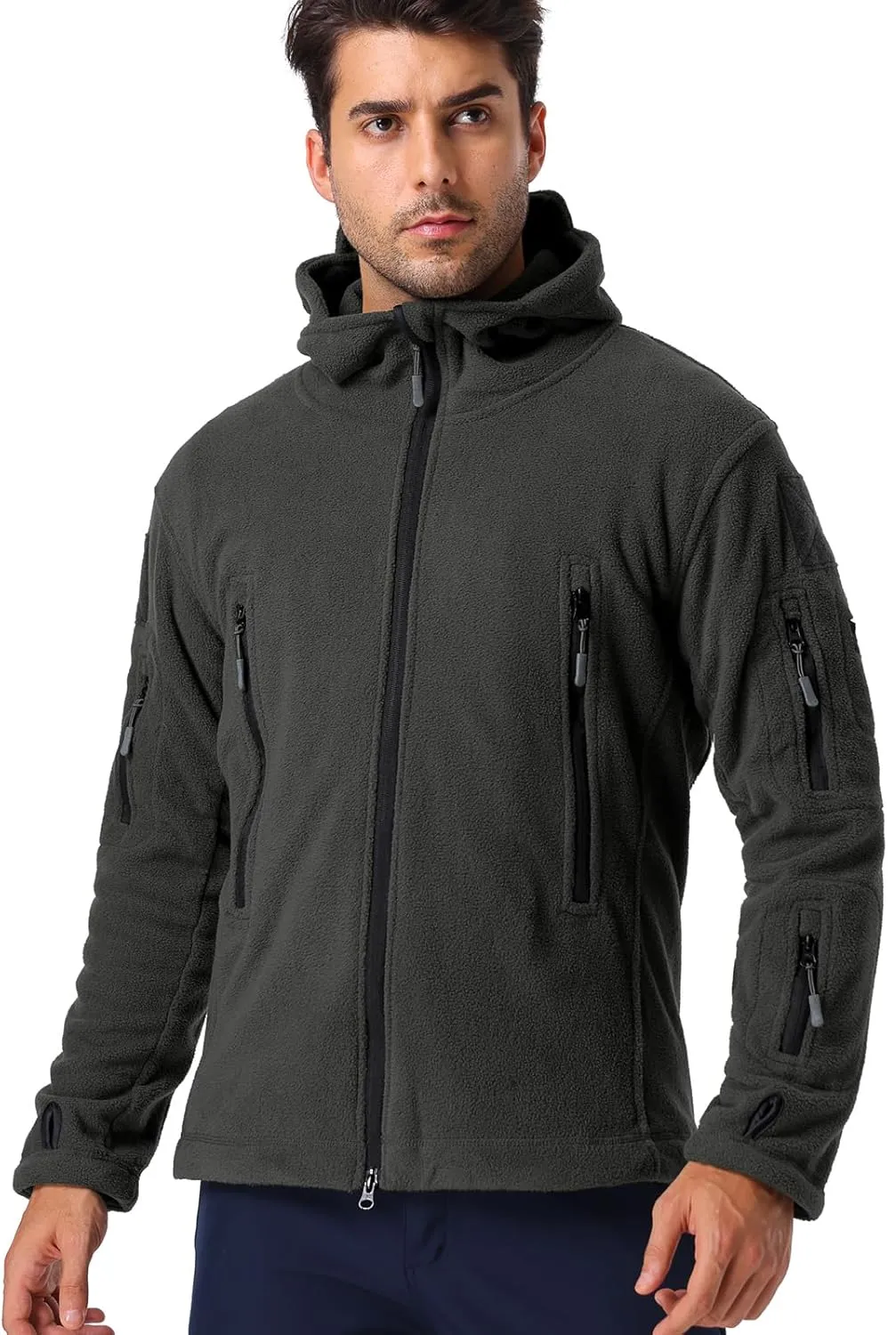 CARWORNIC Men's Military Tactical Fleece Jacket Warm Multi-Pockets Outdoor Hooded Coat