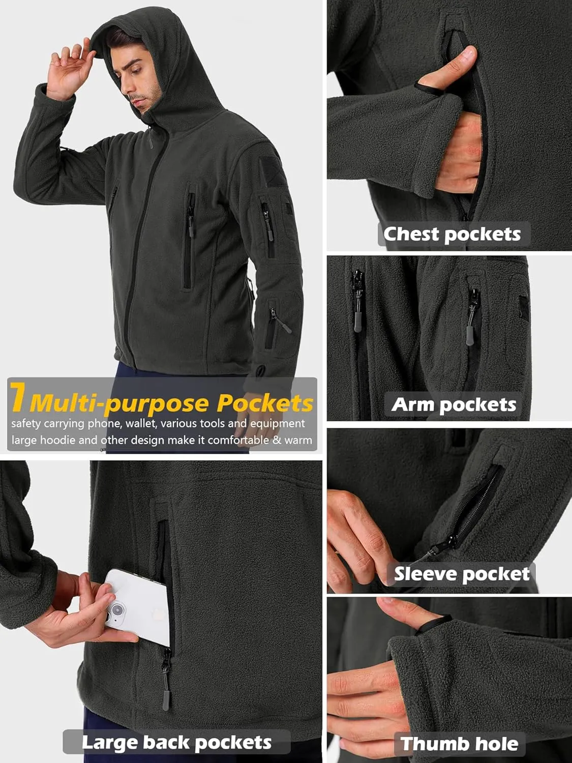 CARWORNIC Men's Military Tactical Fleece Jacket Warm Multi-Pockets Outdoor Hooded Coat