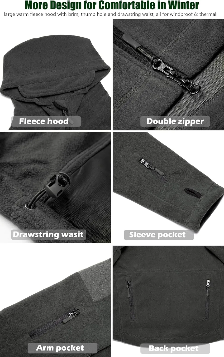 CARWORNIC Men's Military Tactical Fleece Jacket Warm Multi-Pockets Outdoor Hooded Coat