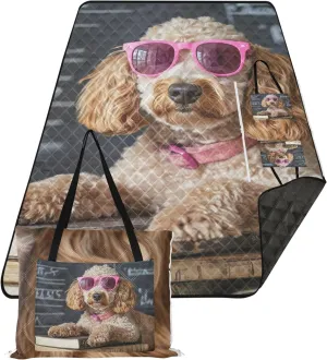 CHIFIGNO Funny Poodle Glasses Books Waterproof Beach Blanket Sandproof Print Outside Blankets for Grass Cute Picnic Mat Foldable 80" x 60"