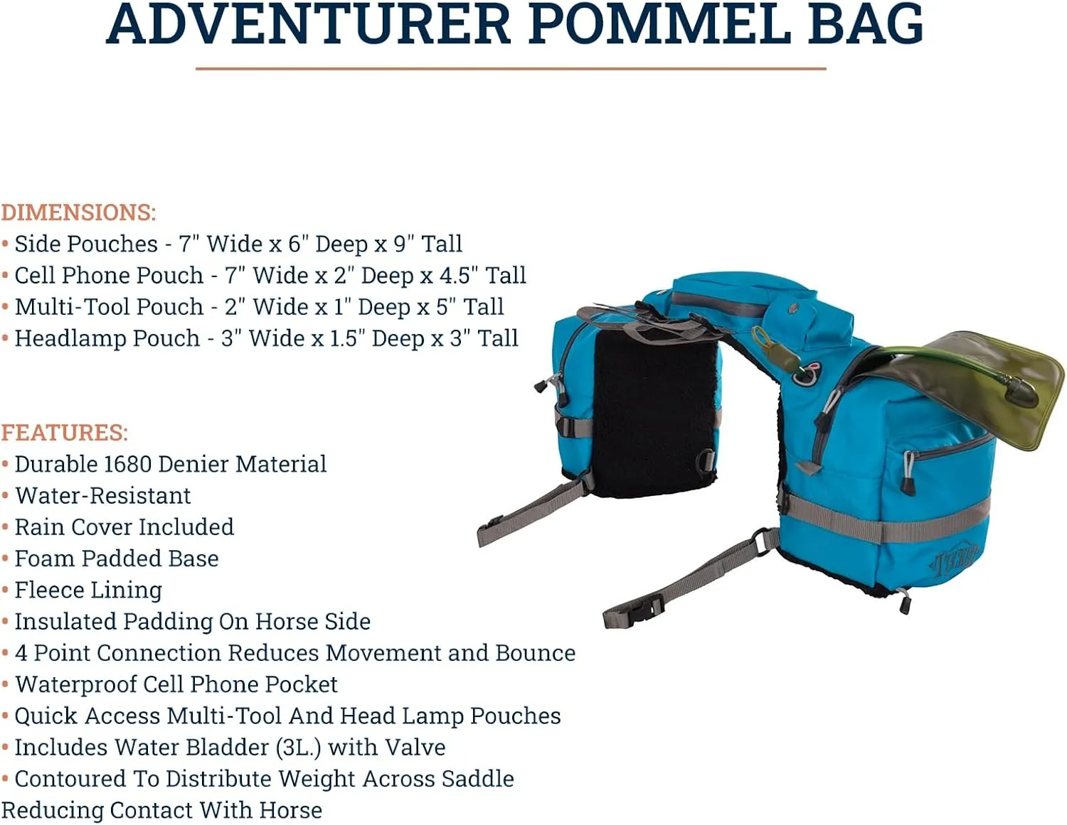 Circle Y Tucker Adventurer Durable Water-Resistant Contoured Horseback Riding Gear Saddle Pommel Bag w/Foam Padded Base, Insulated Padding, Fleece Lining, 3-Liter Water Bladder, Rain Cover Included