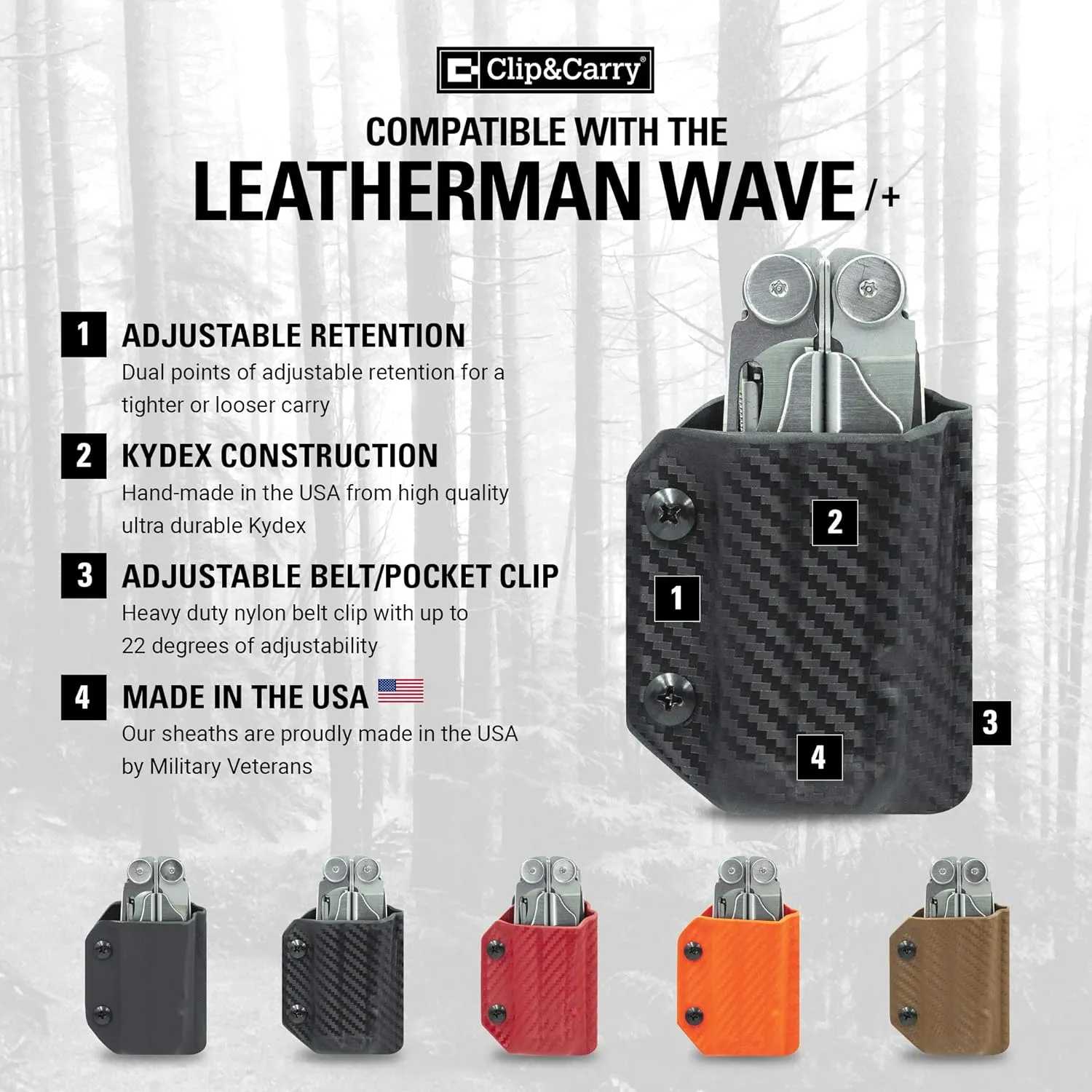 Clip & Carry Kydex Multitool Sheath for LEATHERMAN Wave & Wave   Plus - Made in USA - Multi Tool Sheath Holder Cover Belt Pocket Holster - Multi-Tool not Included