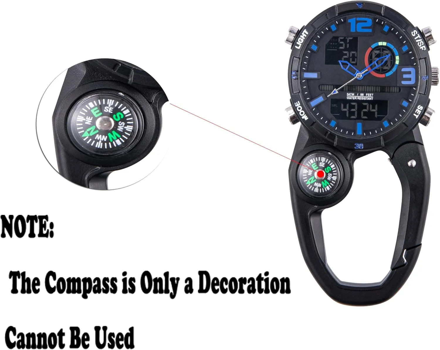 Clip on Digital Carabiner Watch Backpack Fob Belt Waterproof and Shockproof Pocket Clip-on Quartz Watch with Alarm Clock Date Week for Outdoor Sports
