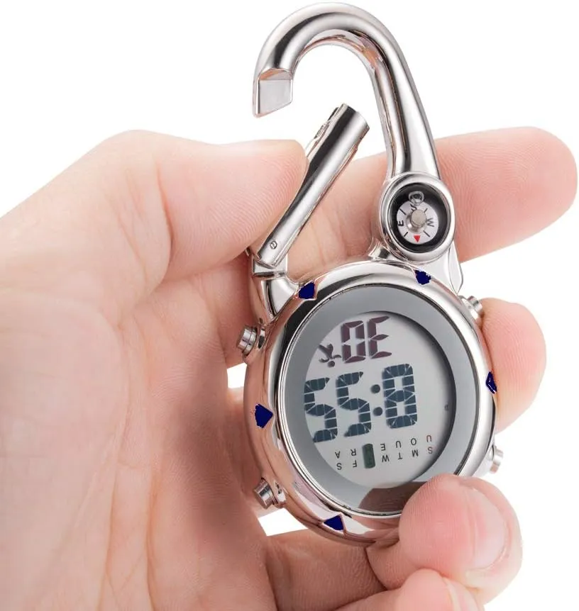 Clip on Digital Carabiner Watch Backpack Fob Belt Waterproof and Shockproof Pocket Clip-on Quartz Watch with Alarm Clock Date Week for Outdoor Sports