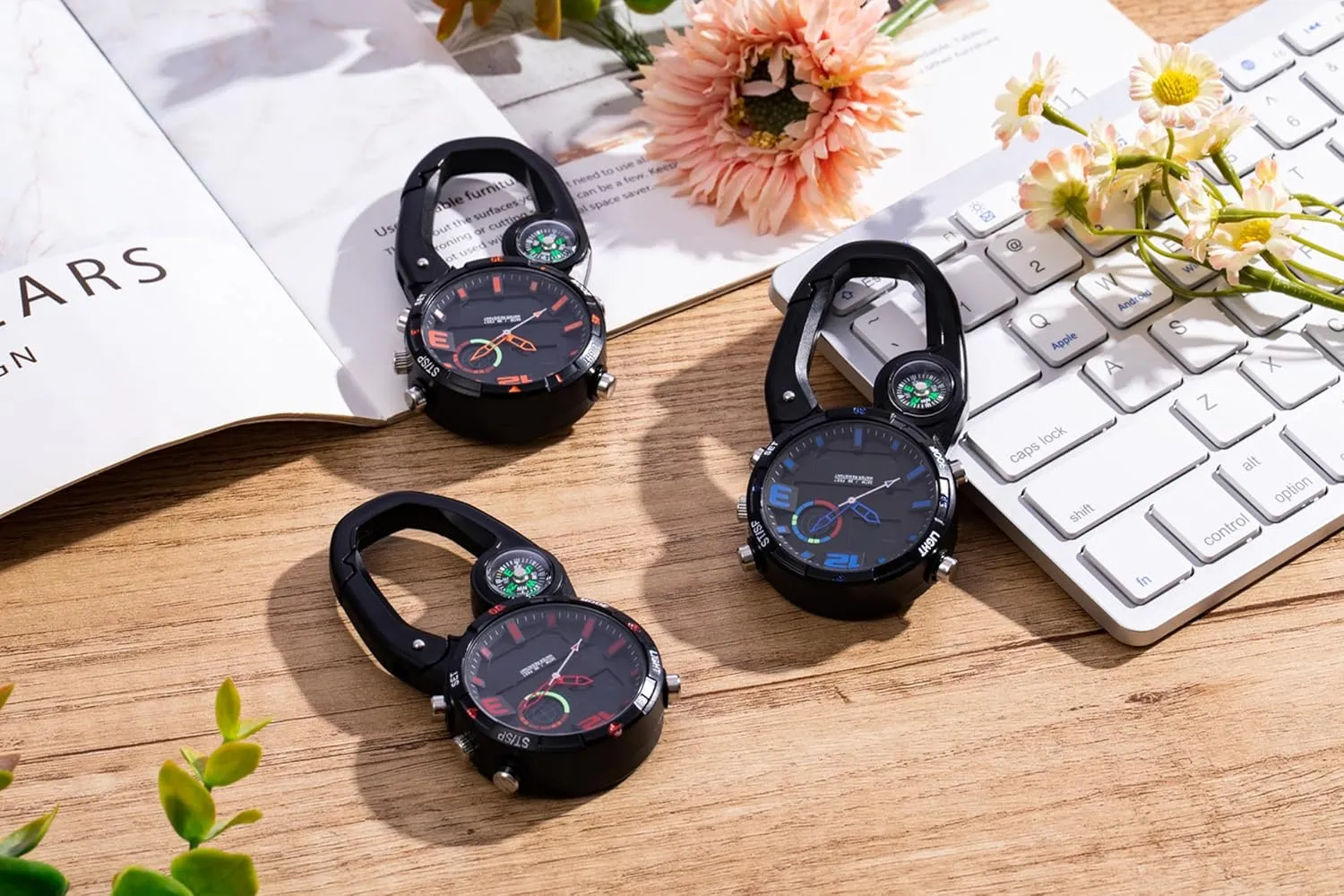 Clip on Digital Carabiner Watch Backpack Fob Belt Waterproof and Shockproof Pocket Clip-on Quartz Watch with Alarm Clock Date Week for Outdoor Sports