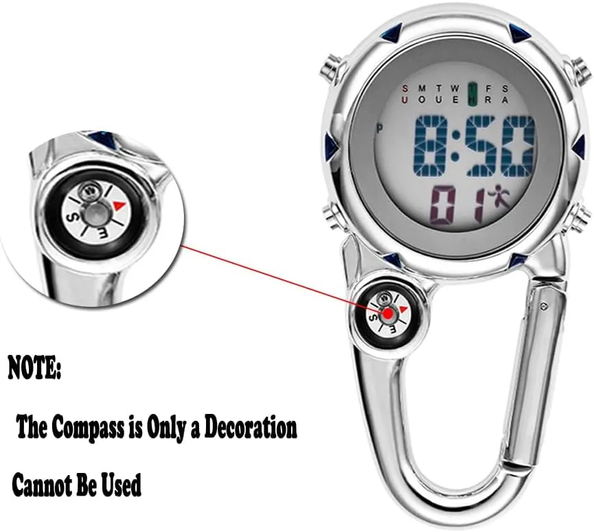 Clip on Digital Carabiner Watch Backpack Fob Belt Waterproof and Shockproof Pocket Clip-on Quartz Watch with Alarm Clock Date Week for Outdoor Sports