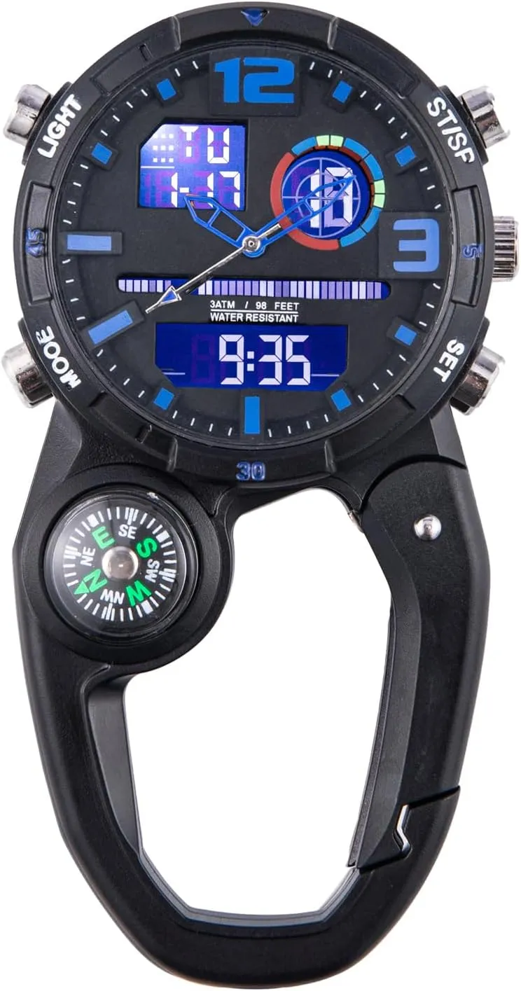 Clip on Digital Carabiner Watch Backpack Fob Belt Waterproof and Shockproof Pocket Clip-on Quartz Watch with Alarm Clock Date Week for Outdoor Sports