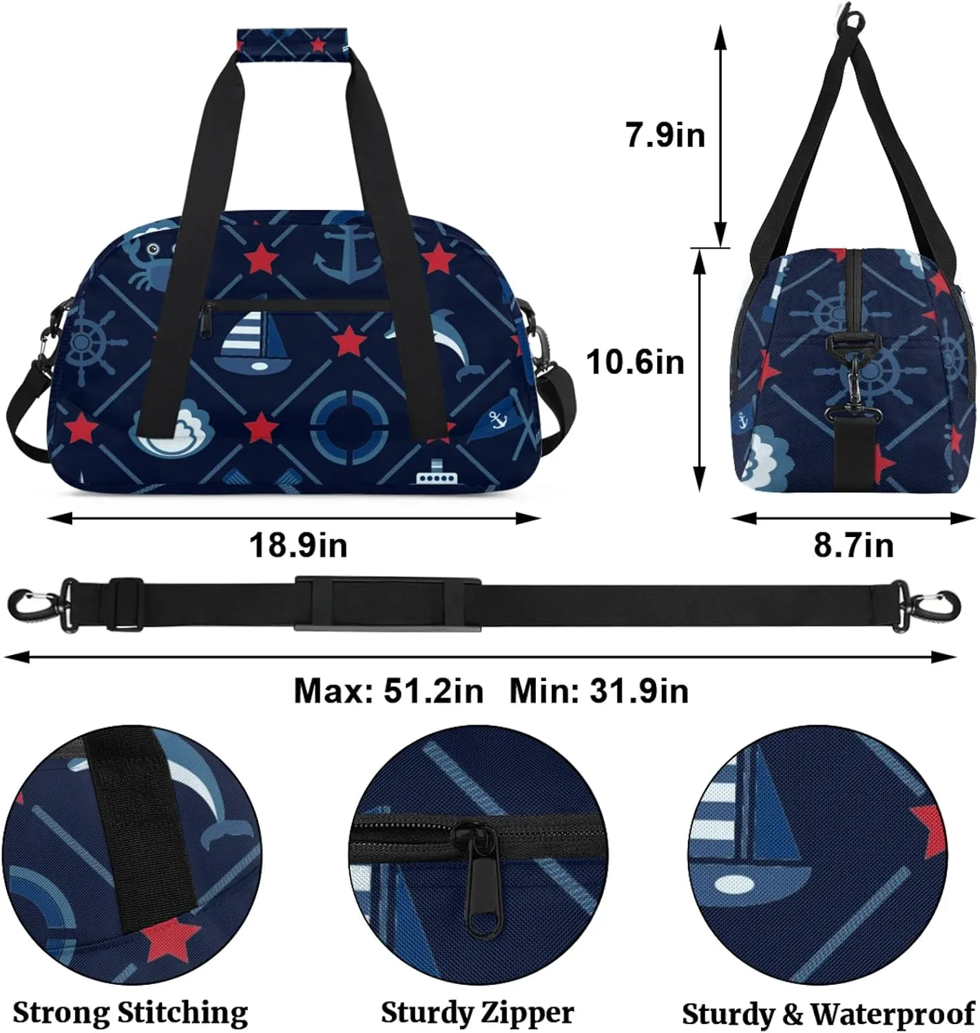 Coastal Lighthouse Compass Anchor Sailboat 18 inch Small Gym Bag for Women and Men, Lightweight Carry On Weekender Bag Mini Duffel Bag for Travel Sports Workout
