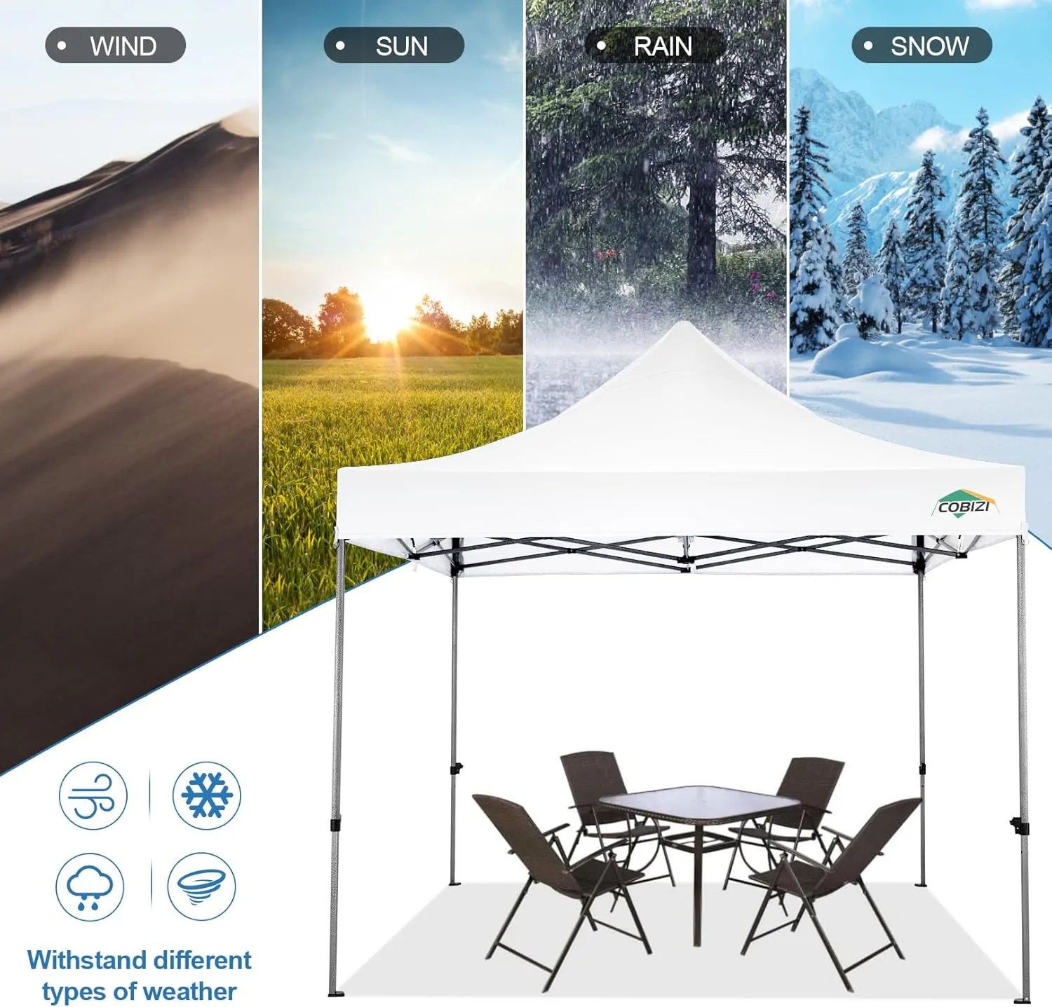 COBIZI 10x10 Pop Up Canopy Tent 10x10 Easy up Canopy, Heavy Duty Outdoor Canopy UPF 50  All Weather Waterproof Instant Party Tents for Parties Gazebo with Handbag, White(Windproof Upgraded)