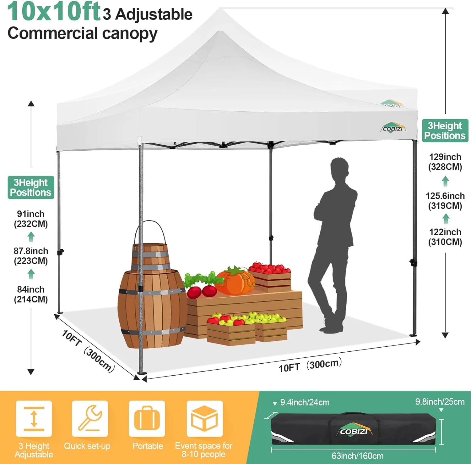 COBIZI 10x10 Pop Up Canopy Tent 10x10 Easy up Canopy, Heavy Duty Outdoor Canopy UPF 50  All Weather Waterproof Instant Party Tents for Parties Gazebo with Handbag, White(Windproof Upgraded)