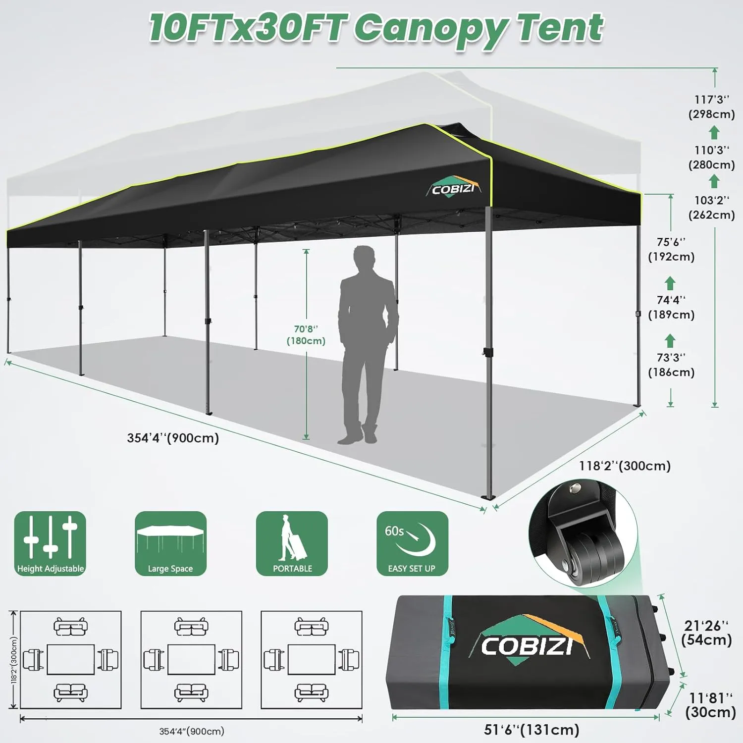 COBIZI 10x30 Pop Up Canopy Tent Without Removable Sidewalls, One Push Party Tent Outdoor Waterproof Event Canopy with Air Vent for Parties Commercial Wedding, 3 Height, Wheeled Bag, Sandbag, Black