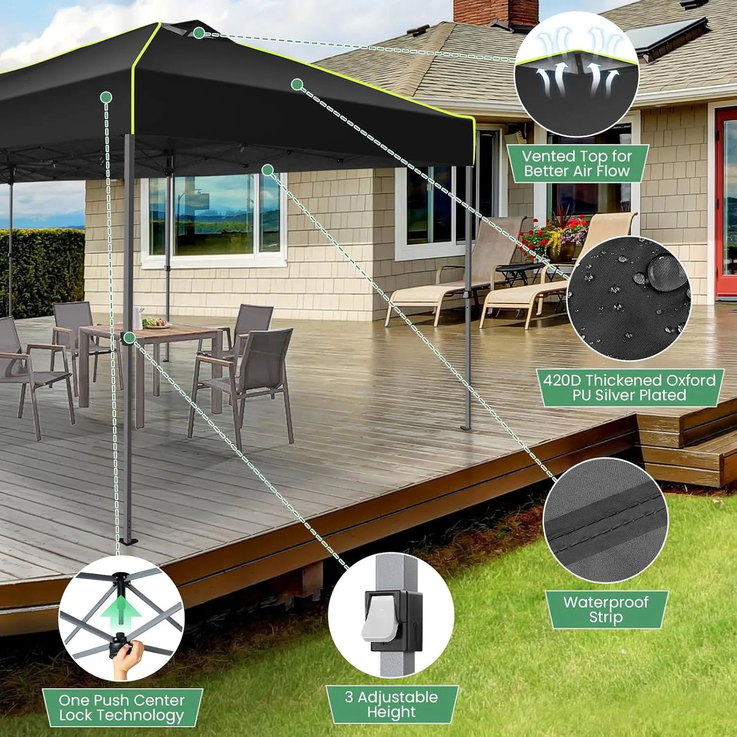 COBIZI 10x30 Pop Up Canopy Tent Without Removable Sidewalls, One Push Party Tent Outdoor Waterproof Event Canopy with Air Vent for Parties Commercial Wedding, 3 Height, Wheeled Bag, Sandbag, Black