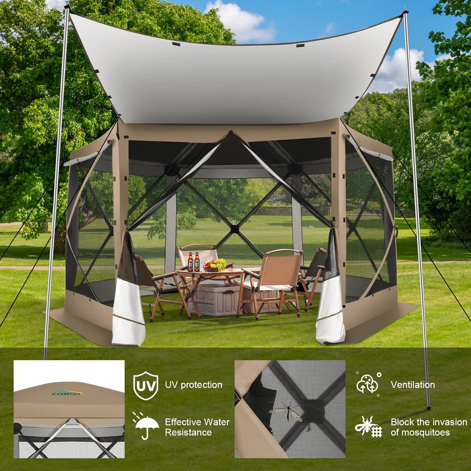 COBIZI 12x12 Pop up Gazebo Screen House Tent for Camping, Outdoor Canopy Tent with Removable Roof&Sidewalls, Portable Hub Tent with Carrying Bag and Ground Stakes, Khaki(Upgraded 2.0)
