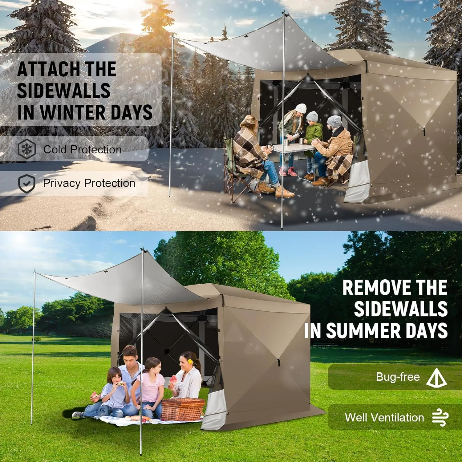 COBIZI 12x12 Pop up Gazebo Screen House Tent for Camping, Outdoor Canopy Tent with Removable Roof&Sidewalls, Portable Hub Tent with Carrying Bag and Ground Stakes, Khaki(Upgraded 2.0)