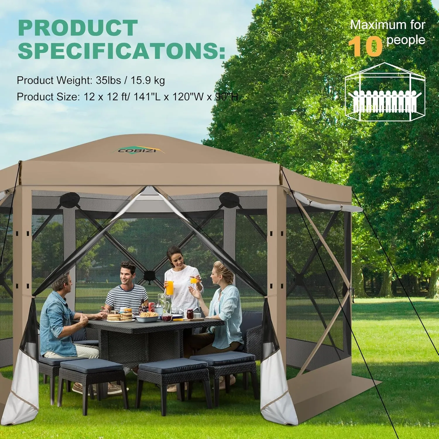 COBIZI 12x12 Pop up Gazebo Screen House Tent for Camping, Outdoor Canopy Tent with Removable Roof&Sidewalls, Portable Hub Tent with Carrying Bag and Ground Stakes, Khaki(Upgraded 2.0)