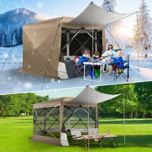 COBIZI 12x12 Pop up Gazebo Screen House Tent for Camping, Outdoor Canopy Tent with Removable Roof&Sidewalls, Portable Hub Tent with Carrying Bag and Ground Stakes, Khaki(Upgraded 2.0)
