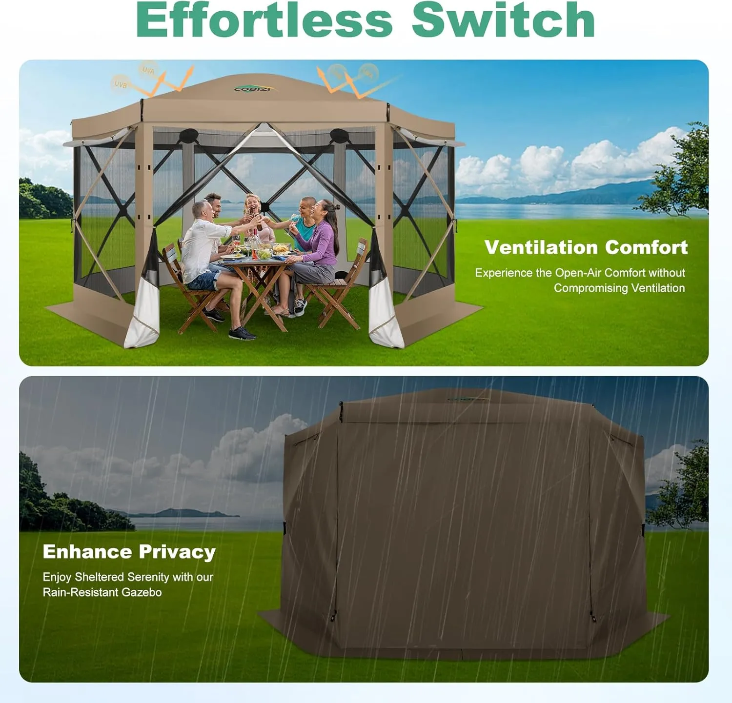 COBIZI 12x12 Pop up Gazebo Screen House Tent for Camping, Outdoor Canopy Tent with Removable Roof&Sidewalls, Portable Hub Tent with Carrying Bag and Ground Stakes, Khaki(Upgraded 2.0)