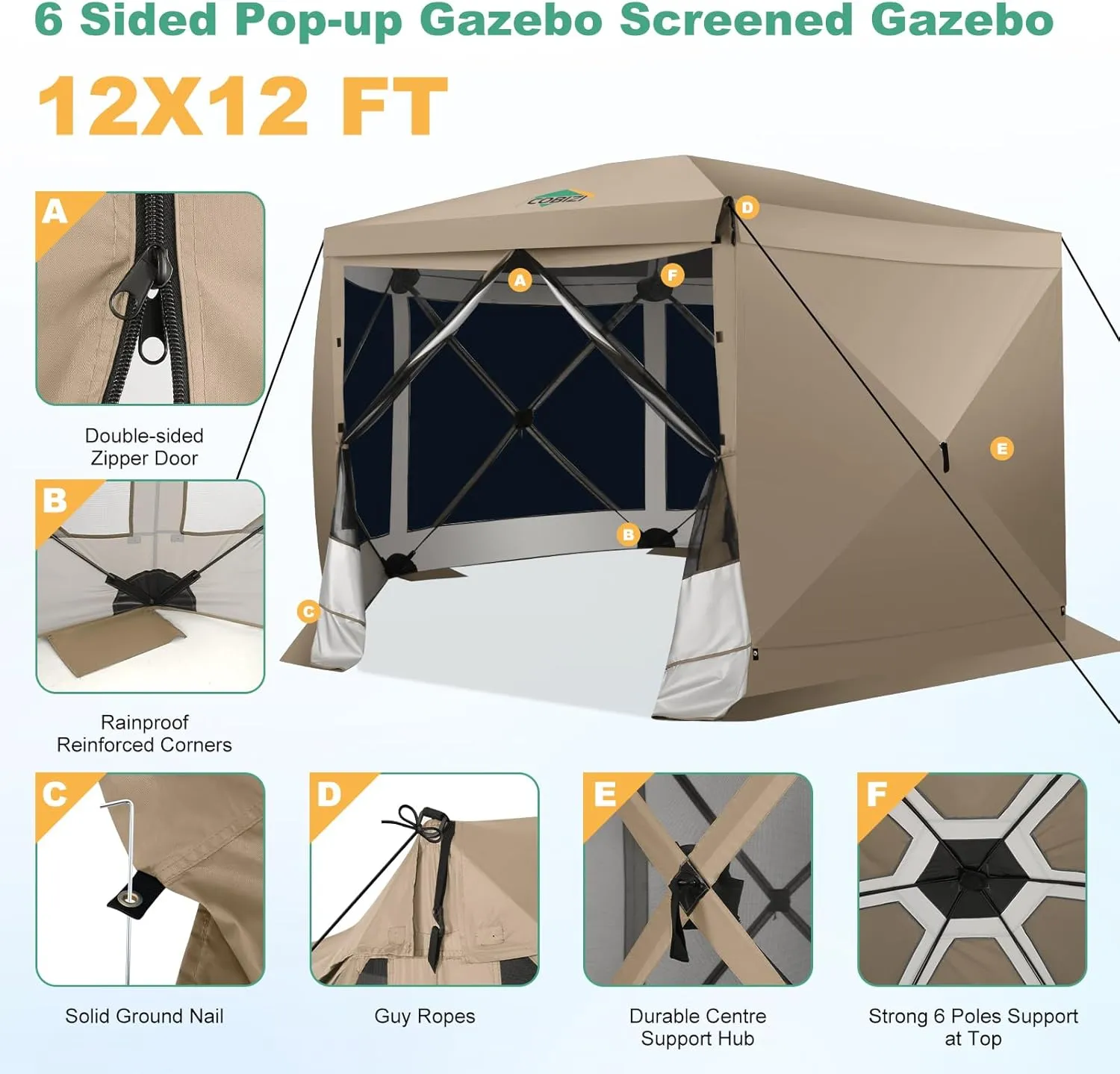 COBIZI 12x12 Pop up Gazebo Screen House Tent for Camping, Outdoor Canopy Tent with Removable Roof&Sidewalls, Portable Hub Tent with Carrying Bag and Ground Stakes, Khaki(Upgraded 2.0)