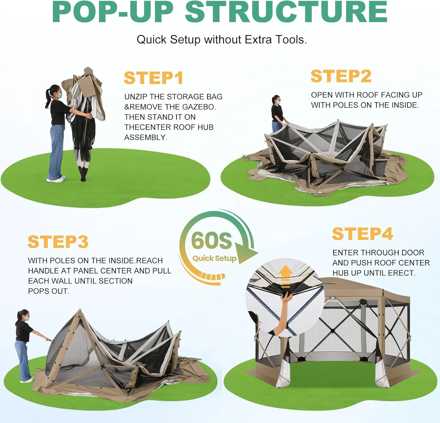 COBIZI 12x12 Pop up Gazebo Screen House Tent for Camping, Outdoor Canopy Tent with Removable Roof&Sidewalls, Portable Hub Tent with Carrying Bag and Ground Stakes, Khaki(Upgraded 2.0)