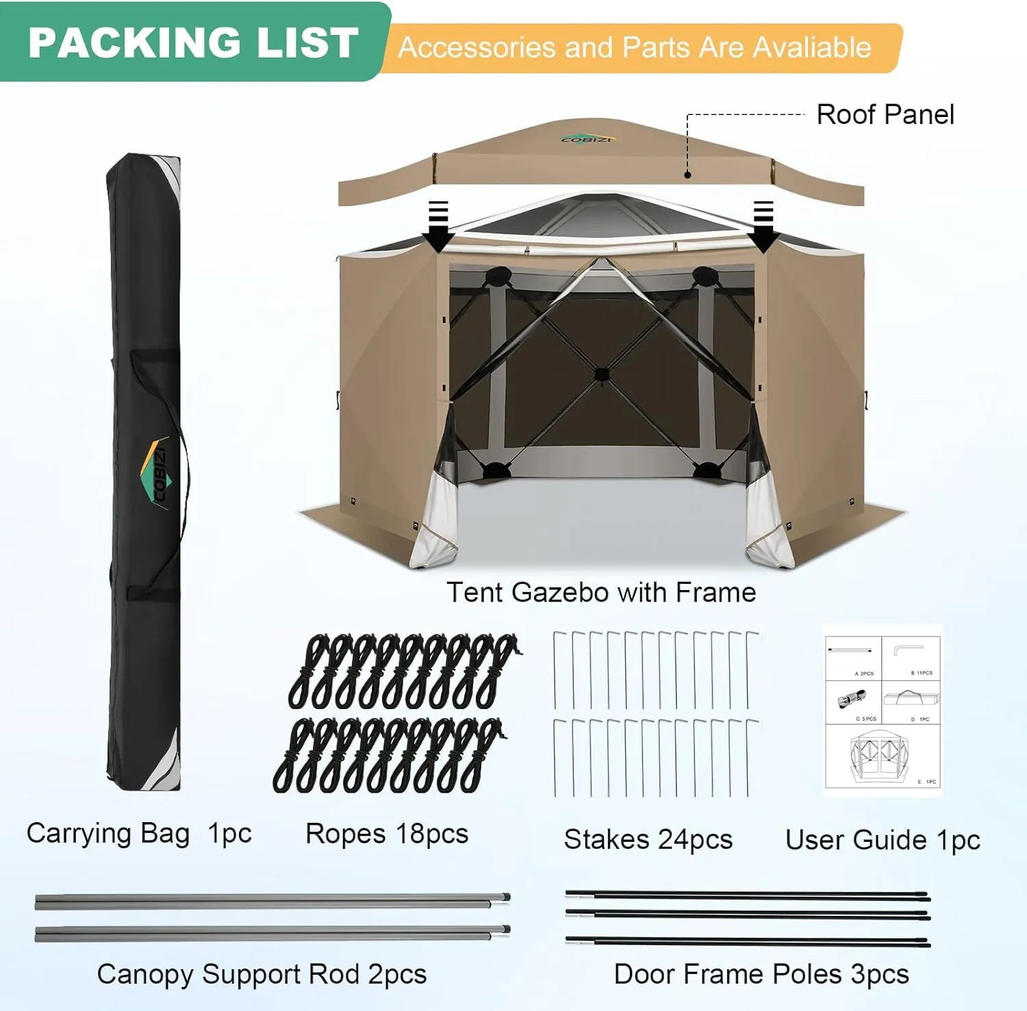 COBIZI 12x12 Pop up Gazebo Screen House Tent for Camping, Outdoor Canopy Tent with Removable Roof&Sidewalls, Portable Hub Tent with Carrying Bag and Ground Stakes, Khaki(Upgraded 2.0)