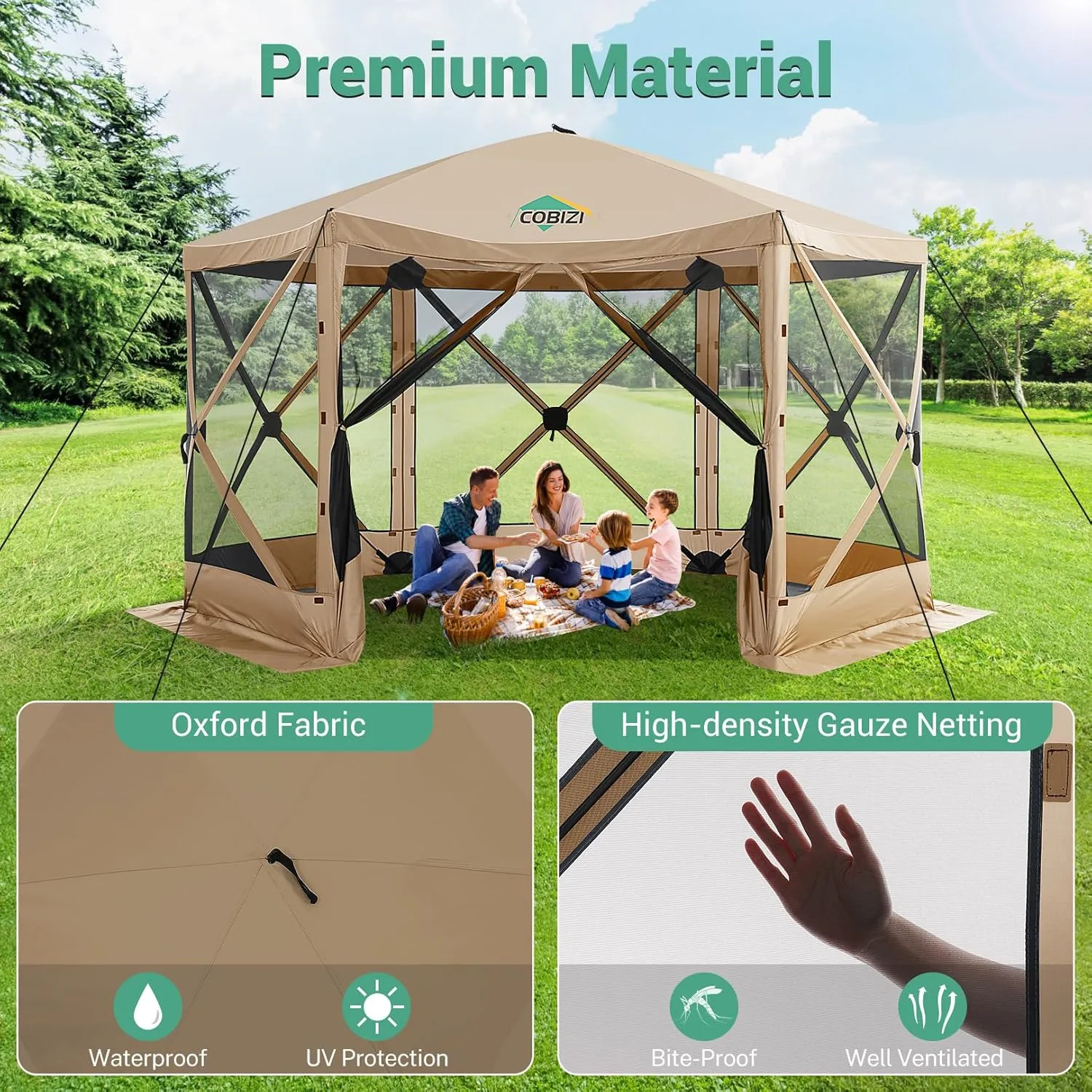COBIZI 12x12ft Pop up Gazebo Screen Tent Screen House for Camping, Camping Outdoor Screened Gazebo with Sidewalls, Portable Hub Tent with Carrying Bag and Ground Stakes, Khaki(Upgraded 2.0)