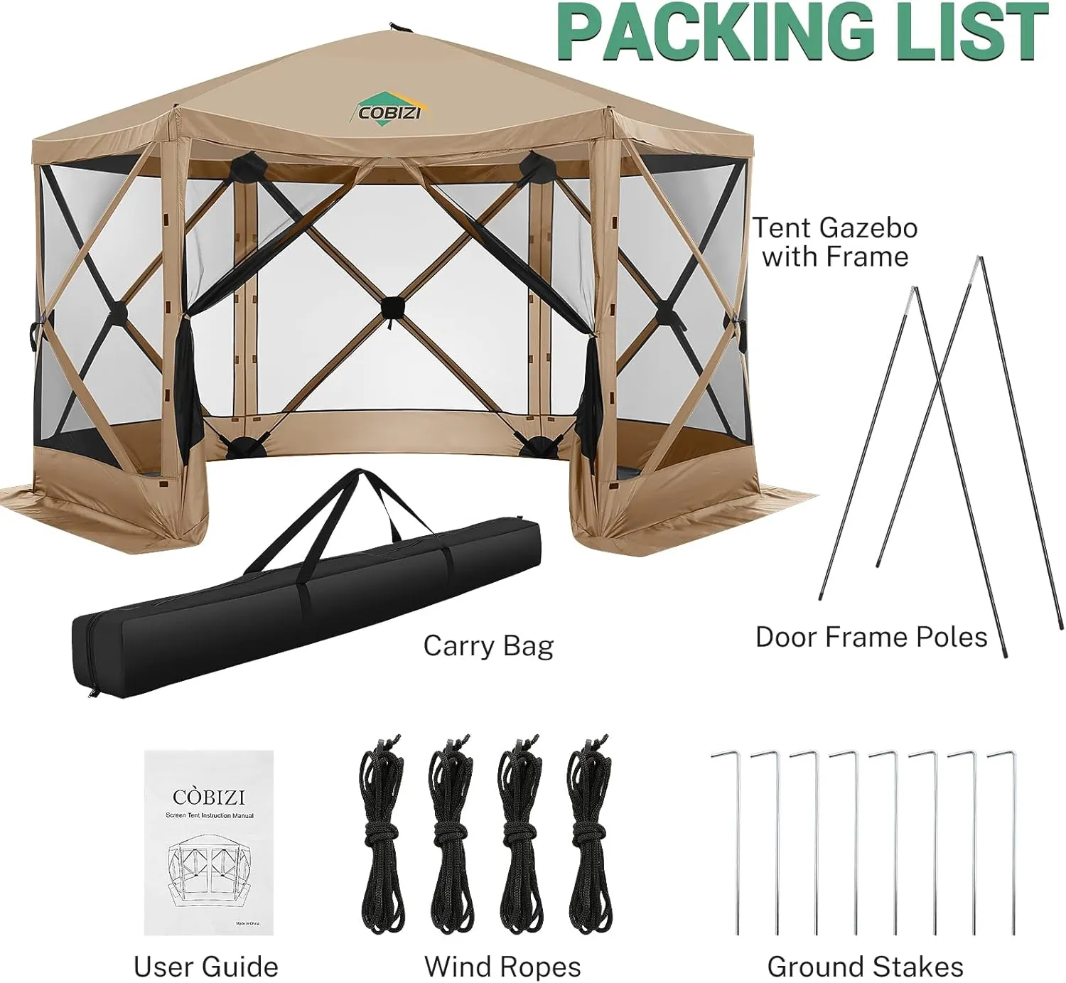 COBIZI 12x12ft Pop up Gazebo Screen Tent Screen House for Camping, Camping Outdoor Screened Gazebo with Sidewalls, Portable Hub Tent with Carrying Bag and Ground Stakes, Khaki(Upgraded 2.0)
