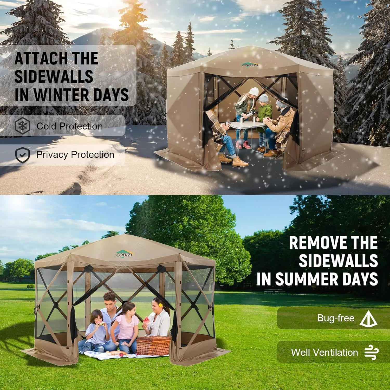 COBIZI 12x12ft Pop up Gazebo Screen Tent Screen House for Camping, Camping Outdoor Screened Gazebo with Sidewalls, Portable Hub Tent with Carrying Bag and Ground Stakes, Khaki(Upgraded 2.0)