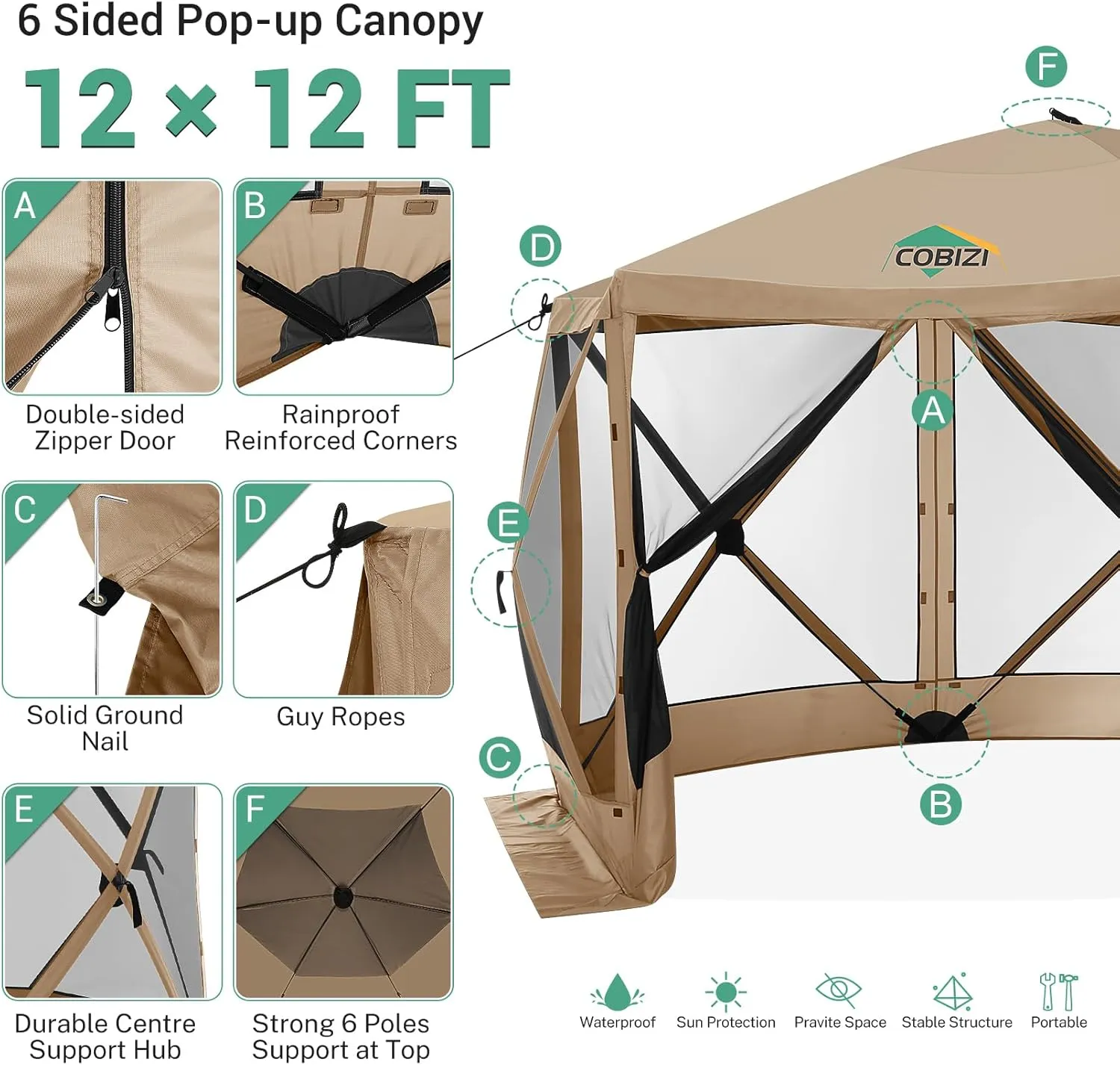 COBIZI 12x12ft Pop up Gazebo Screen Tent Screen House for Camping, Camping Outdoor Screened Gazebo with Sidewalls, Portable Hub Tent with Carrying Bag and Ground Stakes, Khaki(Upgraded 2.0)
