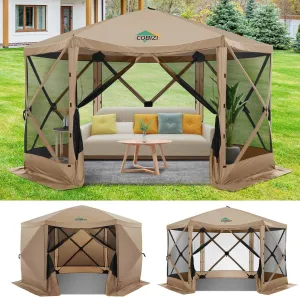 COBIZI 12x12ft Pop up Gazebo Screen Tent Screen House for Camping, Camping Outdoor Screened Gazebo with Sidewalls, Portable Hub Tent with Carrying Bag and Ground Stakes, Khaki(Upgraded 2.0)