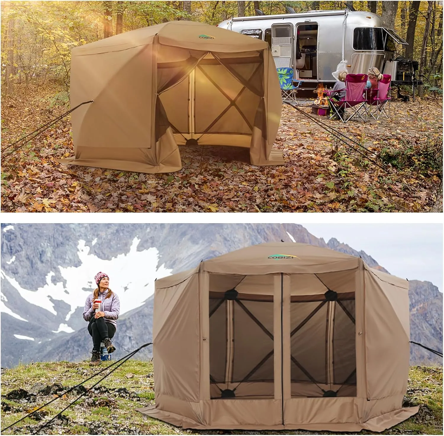 COBIZI 12x12ft Pop up Gazebo Screen Tent Screen House for Camping, Camping Outdoor Screened Gazebo with Sidewalls, Portable Hub Tent with Carrying Bag and Ground Stakes, Khaki(Upgraded 2.0)