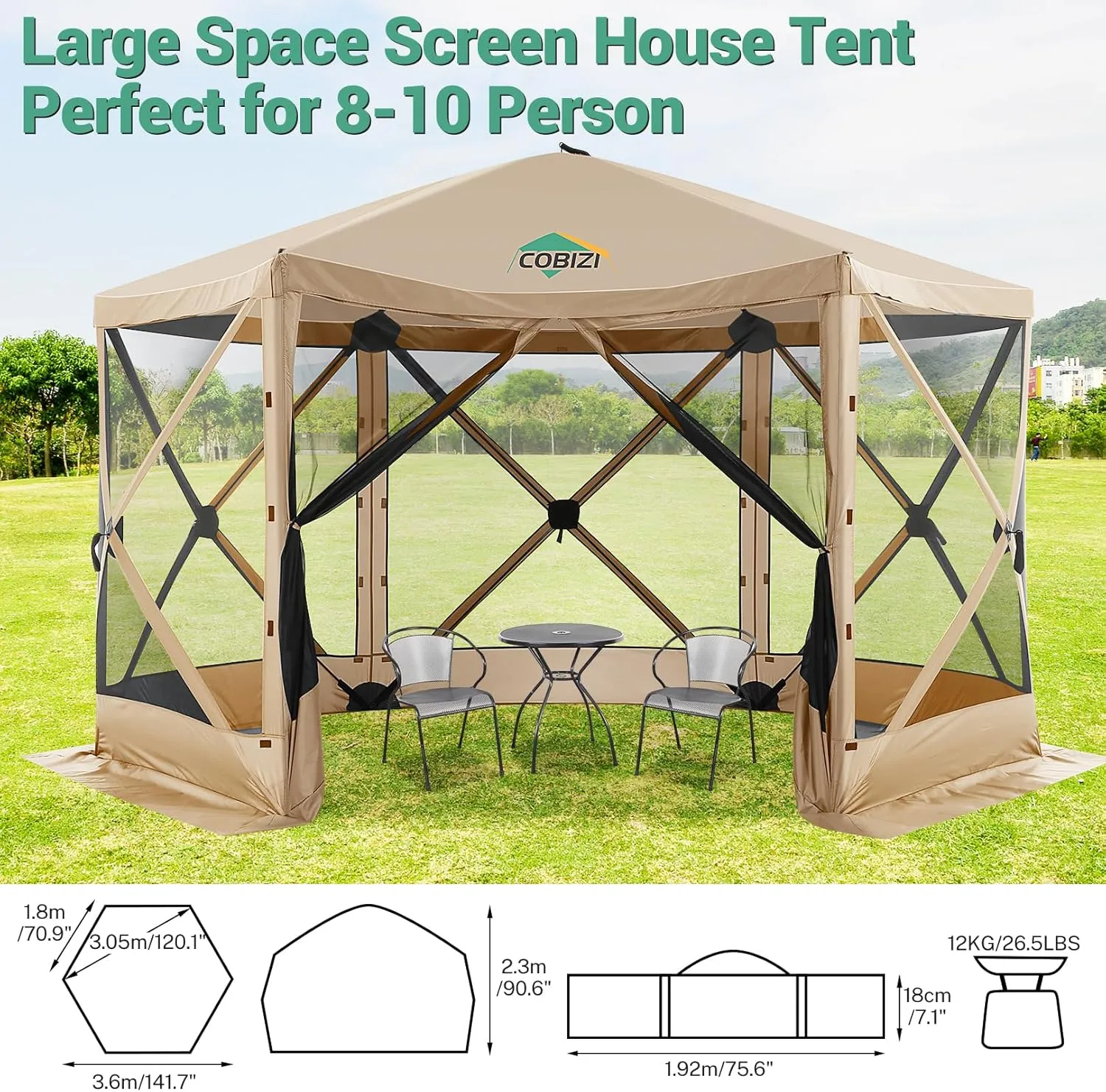 COBIZI 12x12ft Pop up Gazebo Screen Tent Screen House for Camping, Camping Outdoor Screened Gazebo with Sidewalls, Portable Hub Tent with Carrying Bag and Ground Stakes, Khaki(Upgraded 2.0)