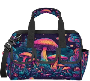 Colored Mushrooms Tool Bag – Heavy-Duty Multi-Pocket 14  Pockets (6 Inner   6 Outer   2 Side), Removable Shoulder Strap, for Construction, Gardening, Camping, Travel – 14.8 x 9.1 x 10 Inches