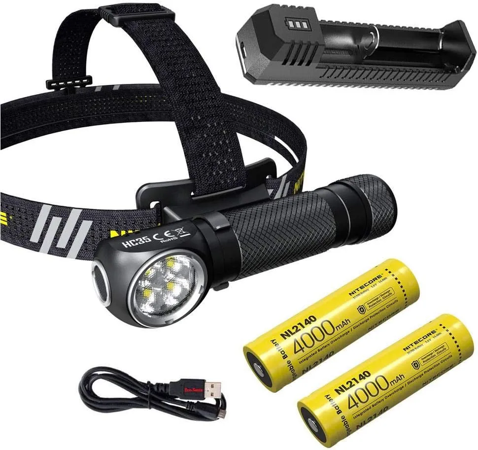 Combo: Nitecore HC35 Rechargeable LED Headlamp - 4 x C-ree XP-G3 S3 w/Extra 2140 Battery & UI1 USB Charger  Free Eco-Sensa USB Cord