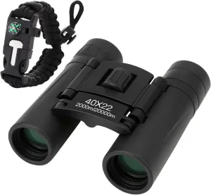 Compact 40x22 Binoculars with 7 in 1 Survival Paracord Bracelet, Fire Starter, Waterproof, Compass, Whistle, Outdoor Ultimate Tactical Gift for Kids, Men, Scouts