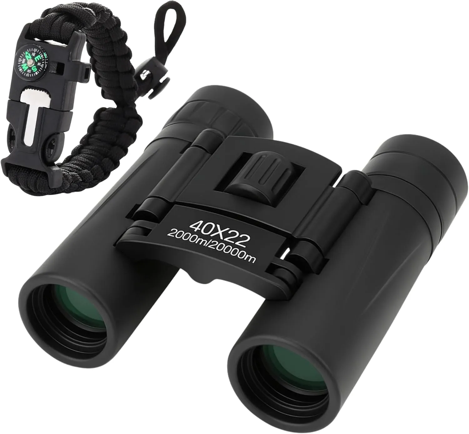 Compact 40x22 Binoculars with 7 in 1 Survival Paracord Bracelet, Fire Starter, Waterproof, Compass, Whistle, Outdoor Ultimate Tactical Gift for Kids, Men, Scouts