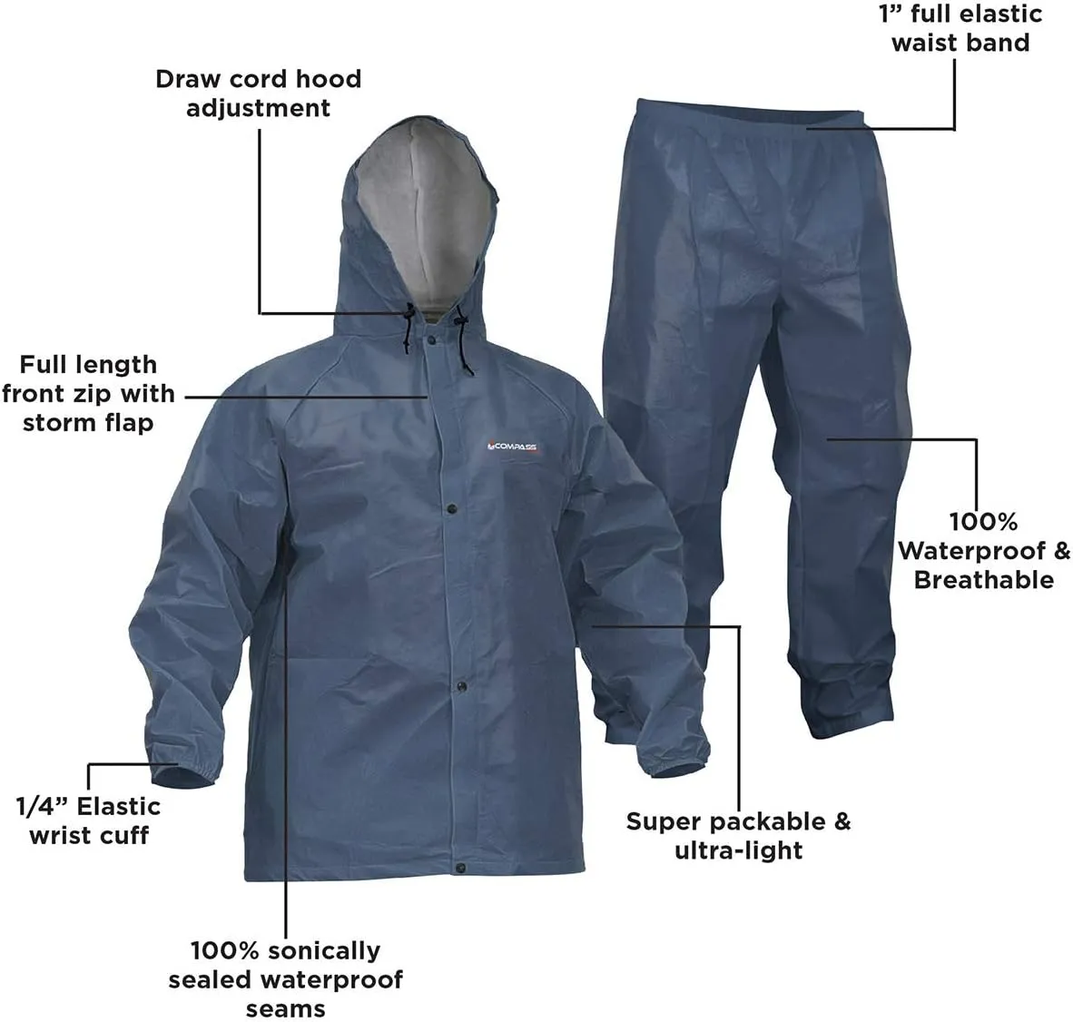 Compass 360 Sport-Lite Adjustable Hood Lightweight Waterproof Rain Suit with Storage Bag for Men