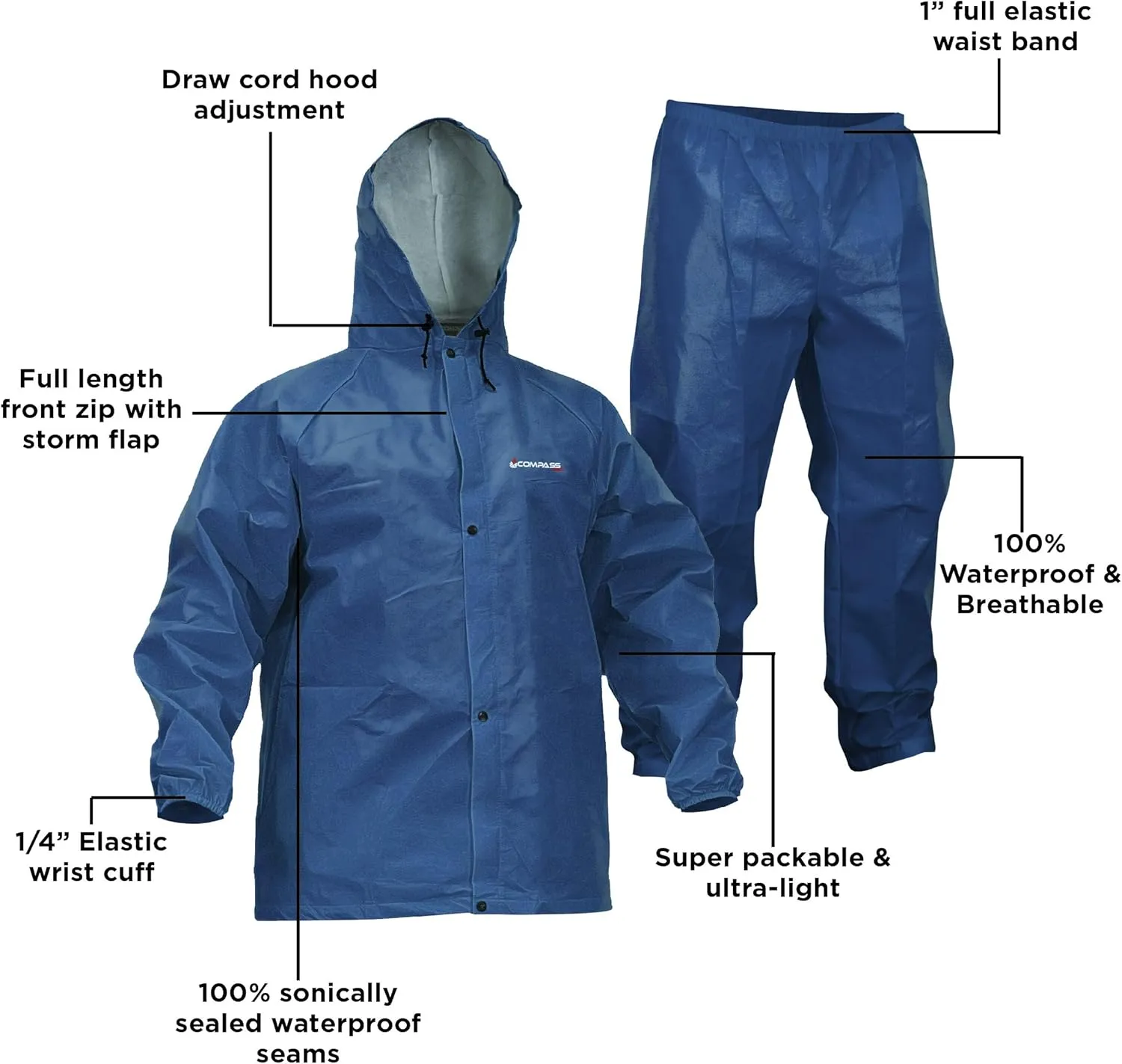 Compass 360 Sport-Lite Adjustable Hood Lightweight Waterproof Rain Suit with Storage Bag for Men