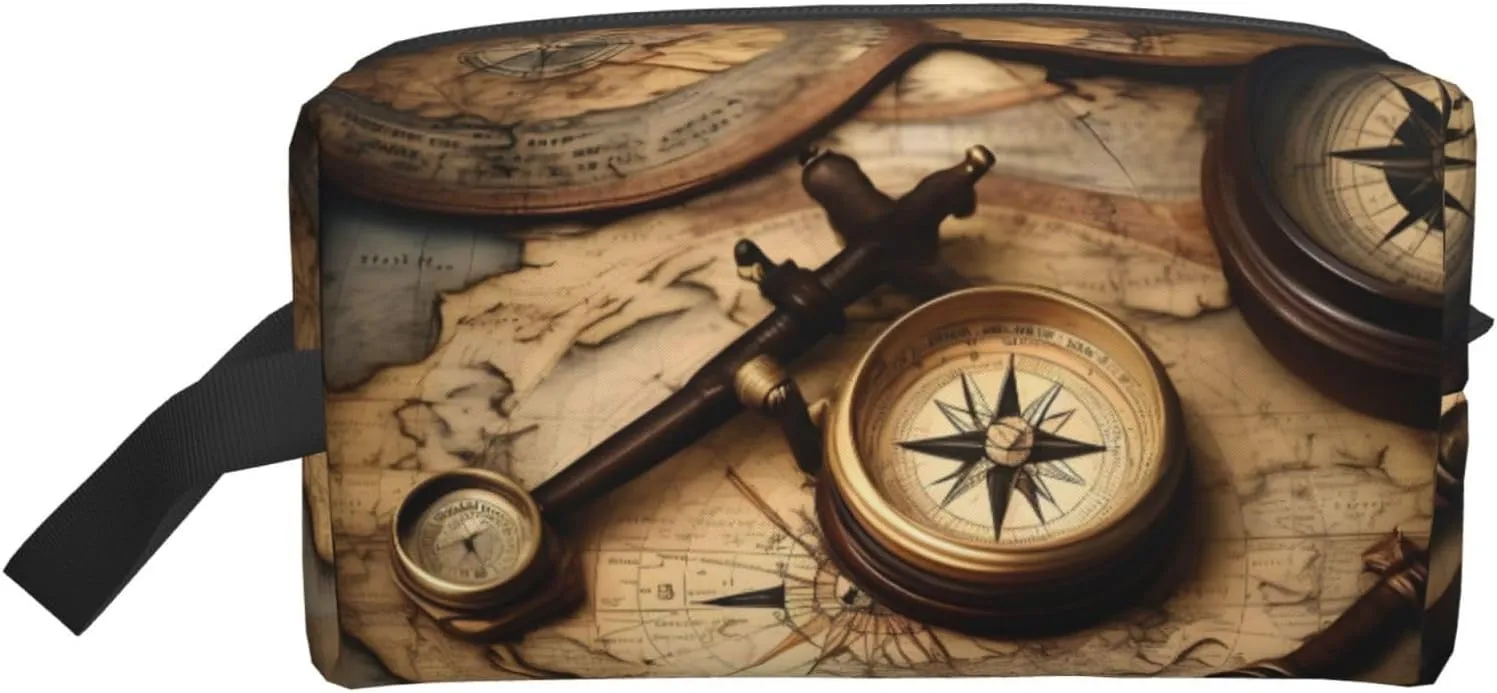 Compass and Old World Map print Toiletry Bag for Men,Toiletry Organizer Dopp Kit Shaving Bag for Toiletries Accessories