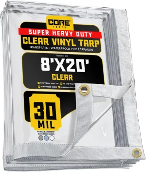 Core Tarps 30 Mil Extreme Heavy Duty Clear Tarp with Gromments - 8x20ft Super Clear Tarps Heavy Duty Waterproof Vinyl Tarpaulin, Transparent Tarp for Outdoor, Camping & Construction, Clear