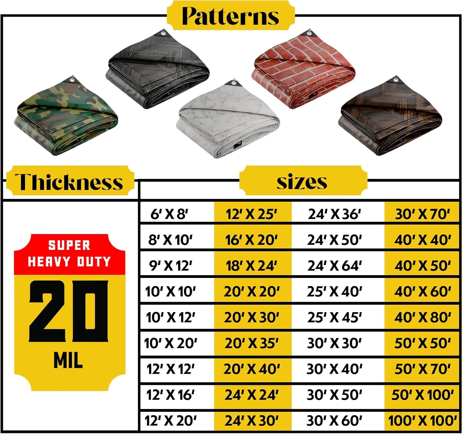 Core Tarps Extreme Heavy Duty 20 Mil Tarp Cover, Waterproof, UV Resistant, Rip and Tear Proof, Poly Tarpaulin with Reinforced Edges for Roof, Camping, Patio, Pool, Boat (Bricks/Black 40′ X 60′)