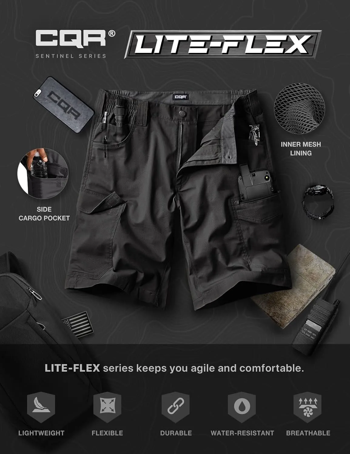 CQR Men's Flex Casual Cargo Shorts, Lightweight Water Resistant Golf Shorts, Stretch Tactical Work Shorts with Multi-Pocket