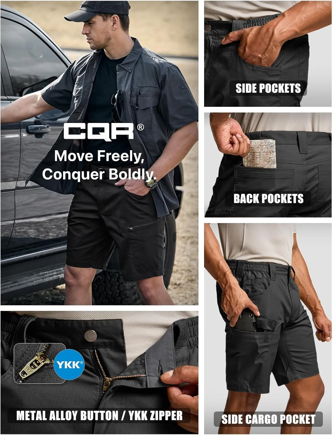 CQR Men's Flex Casual Cargo Shorts, Lightweight Water Resistant Golf Shorts, Stretch Tactical Work Shorts with Multi-Pocket