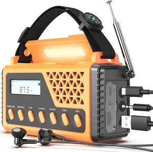 Crank Emergency Weather Radio10000mAh,NOAA/AM/FM/SW Weather Radio,Hand Crank Radio with Solar,USB Type-C Charging, SOS Alarm,Torch & LED Reading Light, Compass & Carry Bag for Camping Survival Home