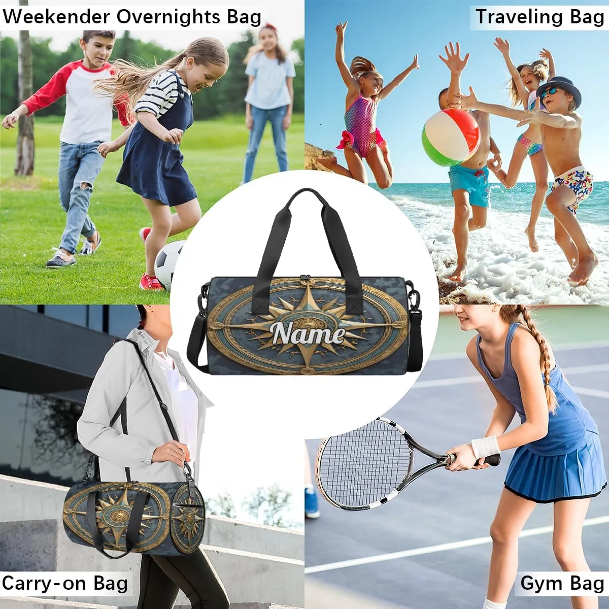 Custom Dance Duffel Bag Sport Backpacks Gyms and Weekend Overnight Travel Duffle Bag Birthday Christmas Halloween Waterproof, Vintage Compass Painted