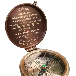 Custom Engraved Working Compass Gift for Son and Grandson - Personalized Functional Handmade Brass Compass with Optional Engravable Leather Pouch - Customized Keepsake Graduation Gift for Him